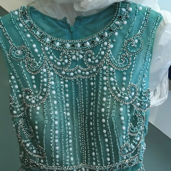 beaded ball gown prom gown a line gown mint aqua blue satin evening gown - Picture 1 of 15
